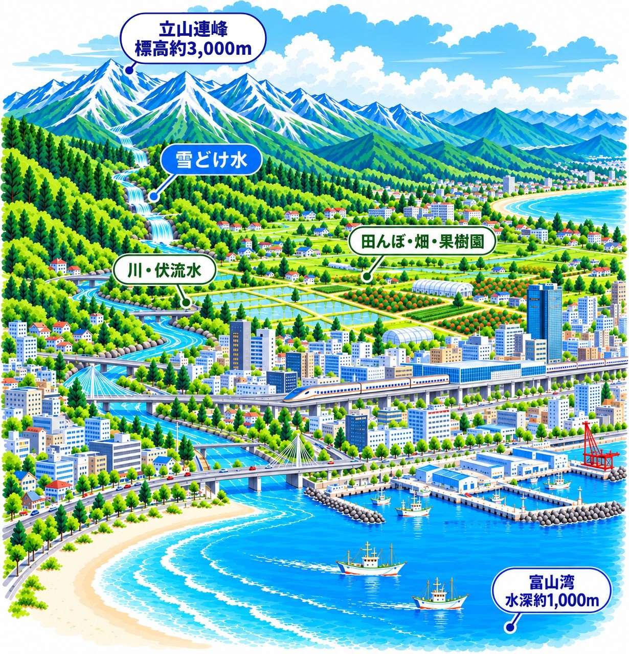 立山連峰から川と平野を通って富山湾へとつながる富山の地形